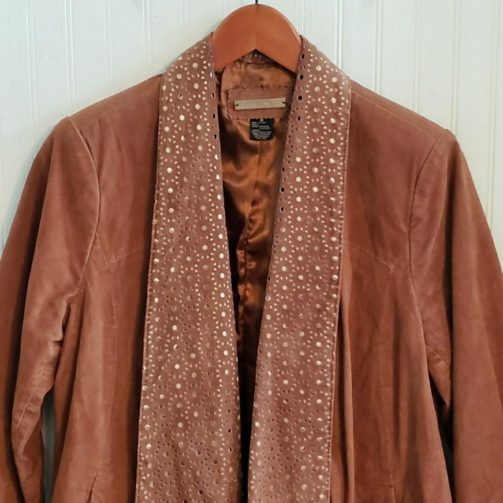 IMAN Jacket Womens M Brown Suede Open Front Perforated Collar Genuine Leather